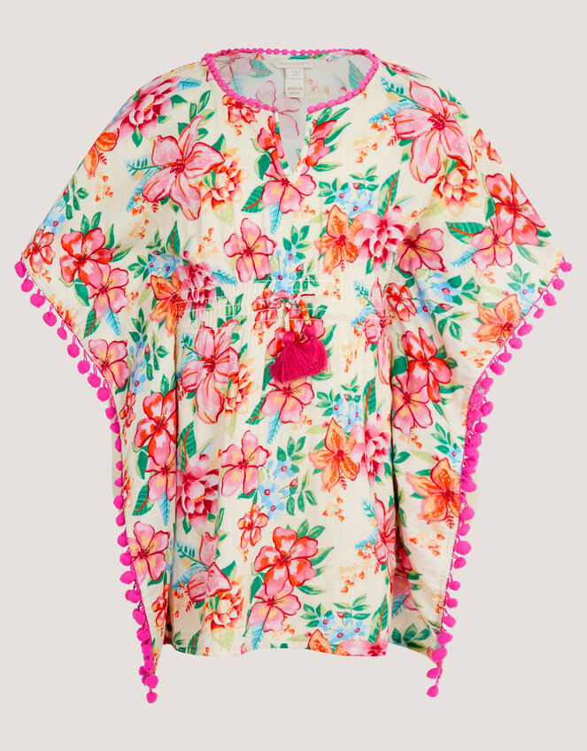 Floral Print Pom Pom Kaftan, White (WHITE), large