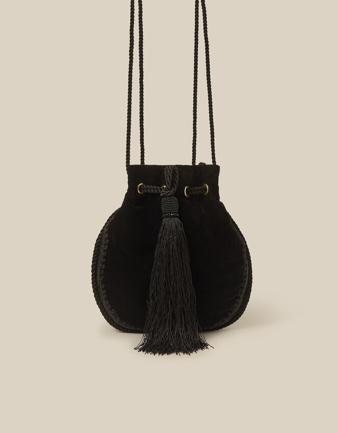 Hope Tassel Velvet Pouch Bag, Black (BLACK), large