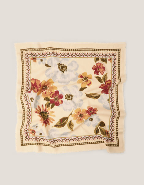 Olive Floral Print Square Scarf, , large