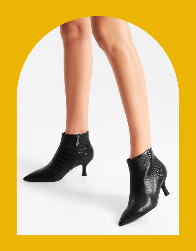 Woden Vera Croc Kitten Heel Boots, Black (BLACK), large