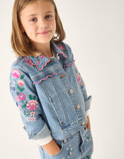 Floral Embroidered Denim Jacket, Blue (BLUE), large