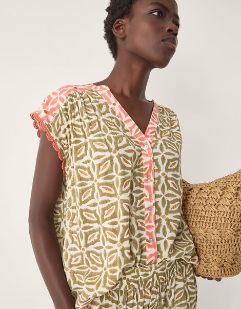 Elma Sleeveless Print Top, Green (KHAKI), large