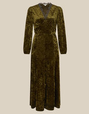 Jessi V-Neck Velvet Midi Dress, Green (KHAKI), large