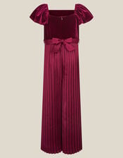 Quinn Velvet Pleated Jumpsuit, Red (BURGUNDY), large