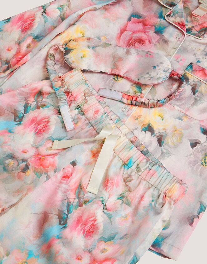 Floral Print Satin Long Pyjama & Eye Mask Set, Multi (MULTI), large