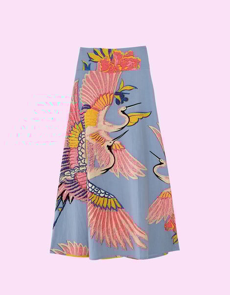 One Hundred Stars Crane Print Midi Skirt, Blue (BLUE), large