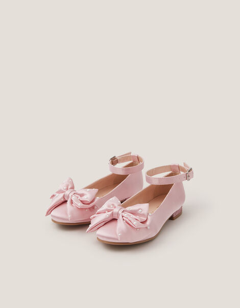 Pearl Bow Satin Flats, Pink (PINK), large