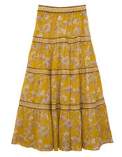 Petite Mendigote Jill Paisley Tiered Midi Skirt, Yellow (YELLOW), large