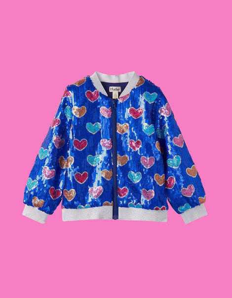 Hatley Bursted Hearts Sequin Bomber Jacket, Blue (BLUE), large