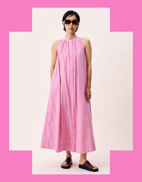 FRNCH Trapeze Sleeveless Stripe Midi Dress, Pink (PINK), large