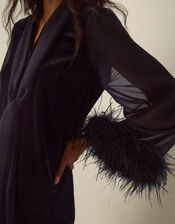 Sadie V-Neck Faux Feather Velvet Mini Dress, Black (BLACK), large