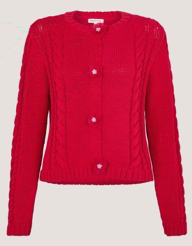 Kelly Flower Button Cable Knit Cardigan, Red (RED), large