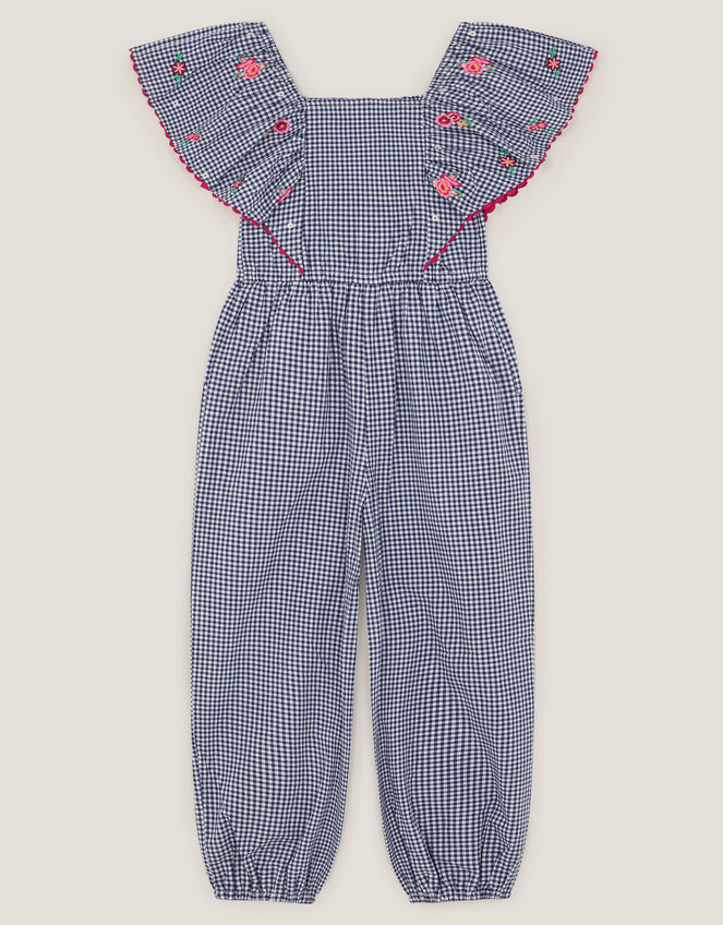 Floral Embroidered Gingham Jumpsuit, Blue (NAVY), large