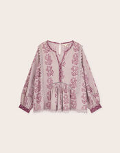 East Reiko Hand-Woodblock Botanical Print Top, Purple (LILAC), large