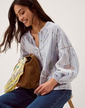 Maia Embroidered Stripe Blouse, Blue (BLUE), large