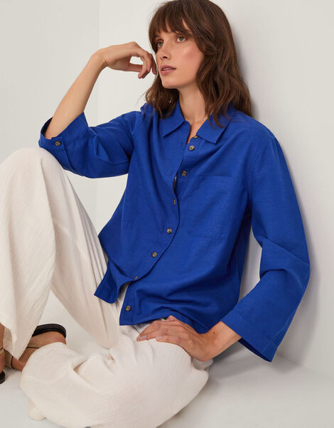 Thea Linen Blend Shirt, Blue (COBALT), large