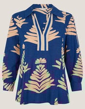 Pamela Linen Blend Leaf Print Top, Blue (COBALT), large