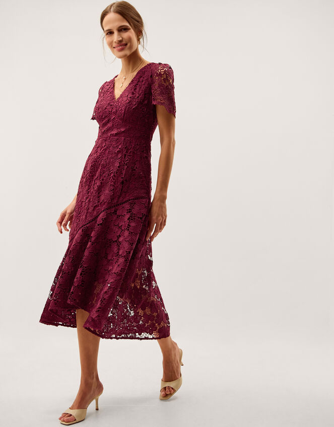 Gia Cutwork Lace Midi Dress, Red (BURGUNDY), large