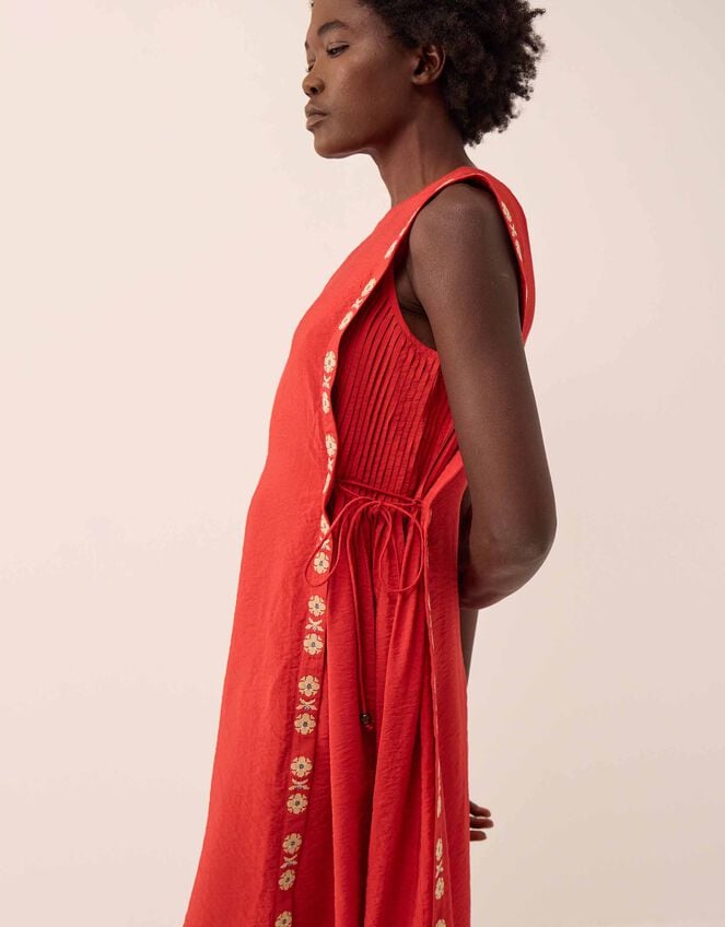 Cheryl Embroidered Side Tie Dress, Red (RED), large