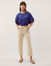 Ellie Puff Sleeve Embroidered Jersey Top, Blue (NAVY), large