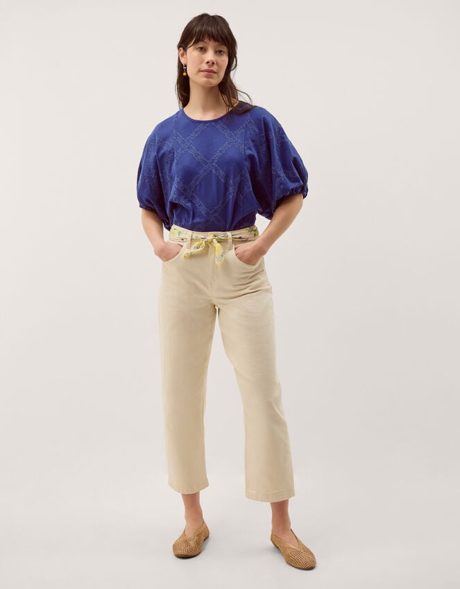 Ellie Puff Sleeve Embroidered Jersey Top, Blue (NAVY), large