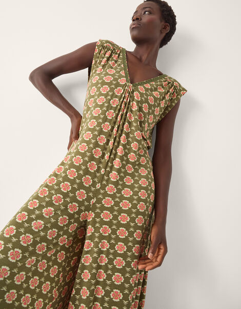 Maddie Sleeveless Floral Print Jumpsuit, Green (KHAKI), large