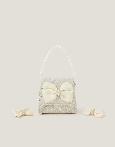 Glitter Pearl Bow Handbag & Hair Clips Set, , large