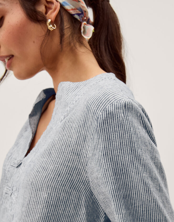 Alexis Stripe Linen-Blend Top, Blue (NAVY), large