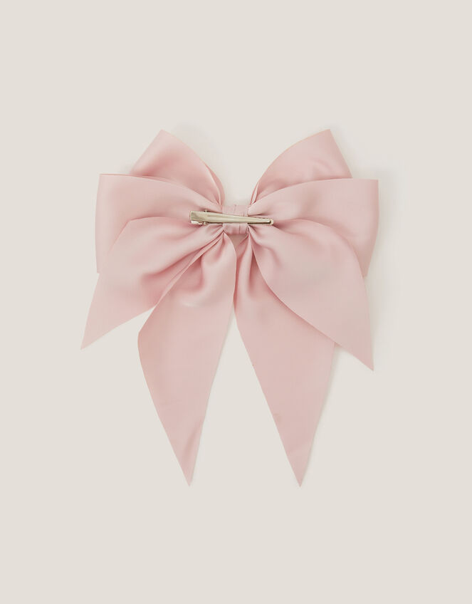 Long Tiered Satin Bow Hair Clip, Pink (DUSKY PINK), large