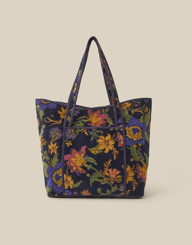 Princella Floral Corduroy Tote Bag, Blue (NAVY), large