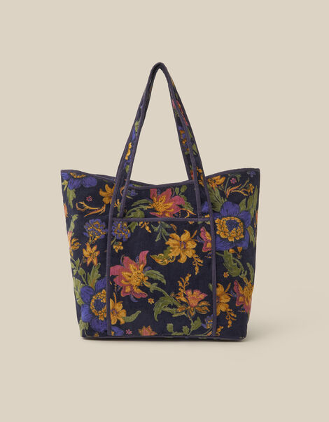 Princella Floral Corduroy Tote Bag, Blue (NAVY), large