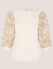 Freya Embroidered Sleeve Top, Ivory (IVORY), large