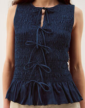 Steff Sleeveless Smocked Jersey Top, Blue (NAVY), large