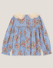 Heart Print Scallop Blouse, Blue (BLUE), large