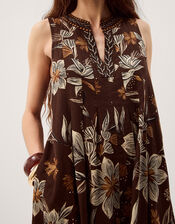 Esther Floral Linen Blend Midi Dress, Brown (CHOCOLATE), large