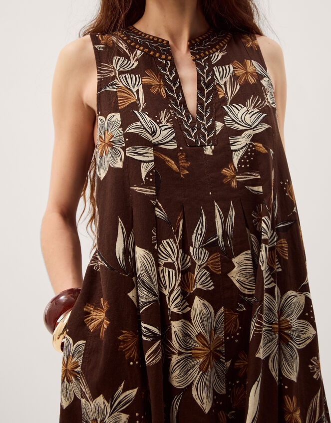 Esther Floral Linen Blend Midi Dress, Brown (CHOCOLATE), large