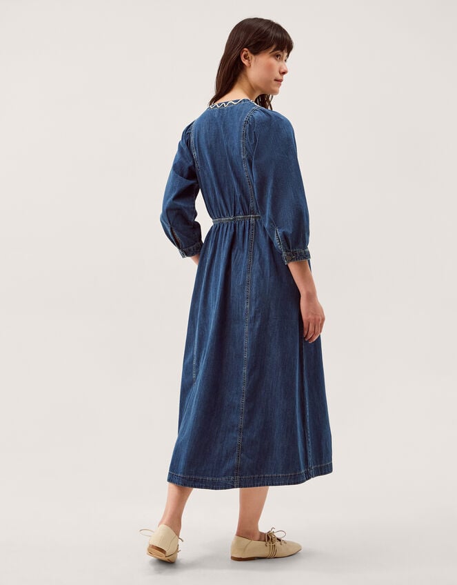Betty Embroidered Denim Midi Dress, Blue (LIGHT AUTHENTIC), large