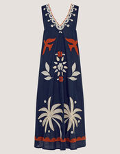 Eloise Tropical Embroidered Midi Dress, Blue (NAVY), large