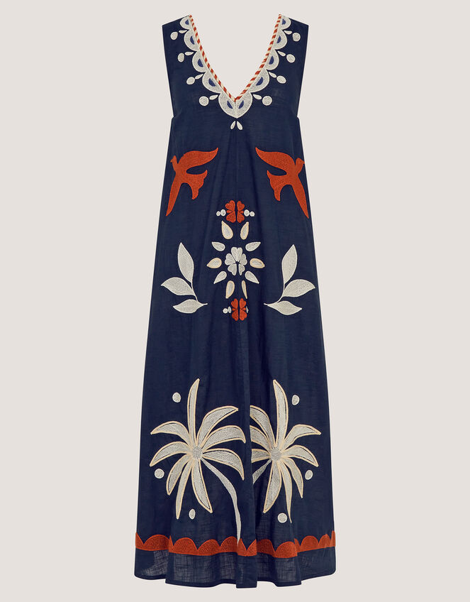 Eloise Tropical Embroidered Midi Dress, Blue (NAVY), large