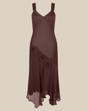 Ruby Sleeveless Asymmetrical Floral Embroidered Midi Dress, Brown (CHOCOLATE), large