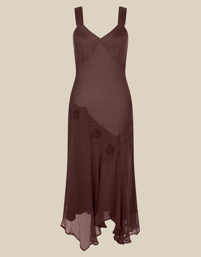 Ruby Sleeveless Asymmetrical Floral Embroidered Midi Dress, Brown (CHOCOLATE), large