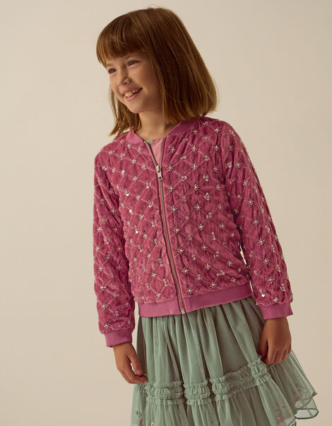Gracie Embellished Velour Bomber Jacket, Pink (PINK), large