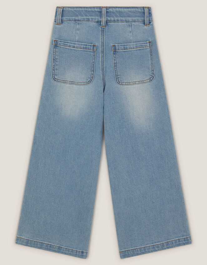 Sequin Floral Embroidered Wide Leg Jeans, Blue (BLUE), large