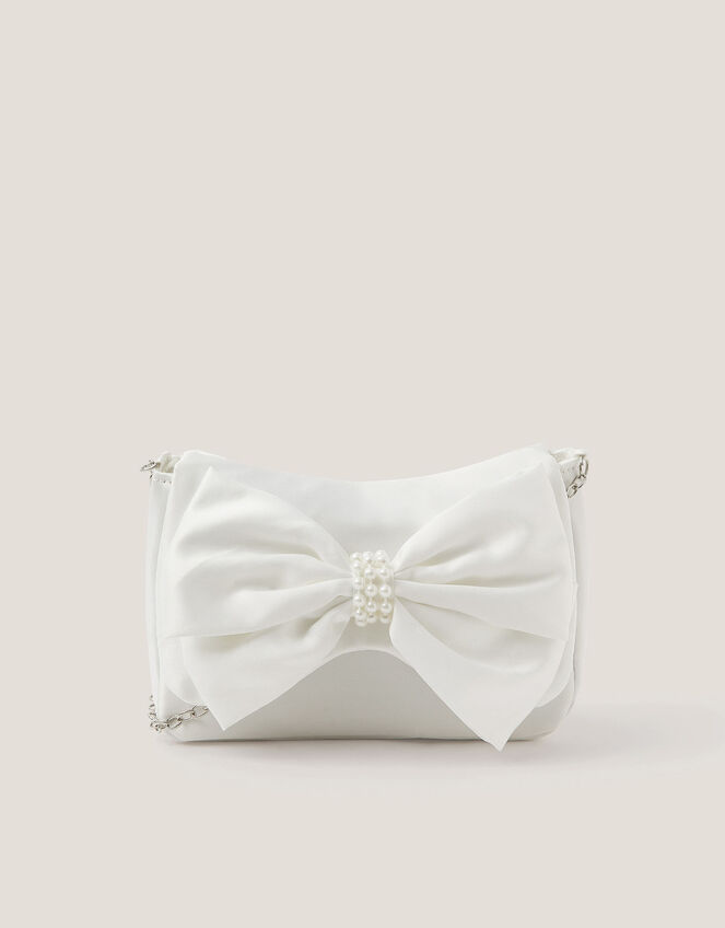 Pearl Bow Satin Bag, Ivory (IVORY), large