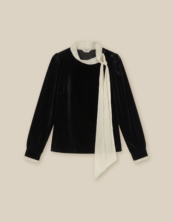 Tia Tie Neck Velvet Top, Black (BLACK), large
