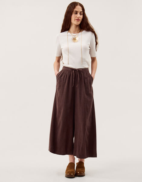 Maisie Linen Blend Cropped Wide Leg Trousers, Brown (CHOCOLATE), large