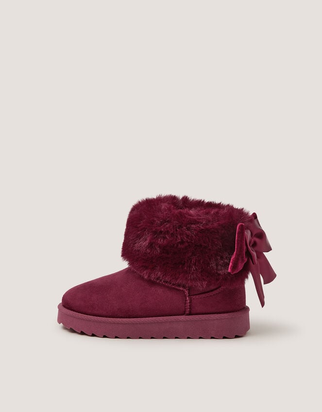 Velvet Bow Fluffy Ankle Boots, Red (BURGUNDY), large