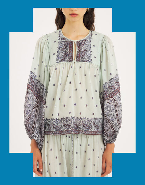 Antik Batik Johri Hand-Woven Paisley Blouse, Blue (AQUA), large