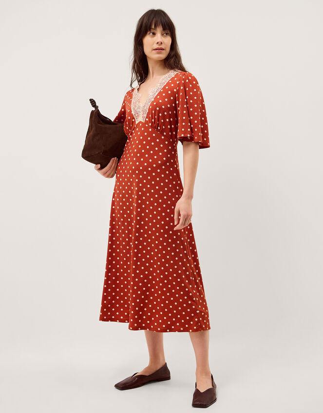 Peri Polka Dot Jersey Midi Dress, Orange (RUST), large