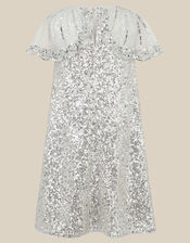 Monsoon x Queens of Archive Cape Sleeve Sequin Party Dress, Silver (SILVER), large